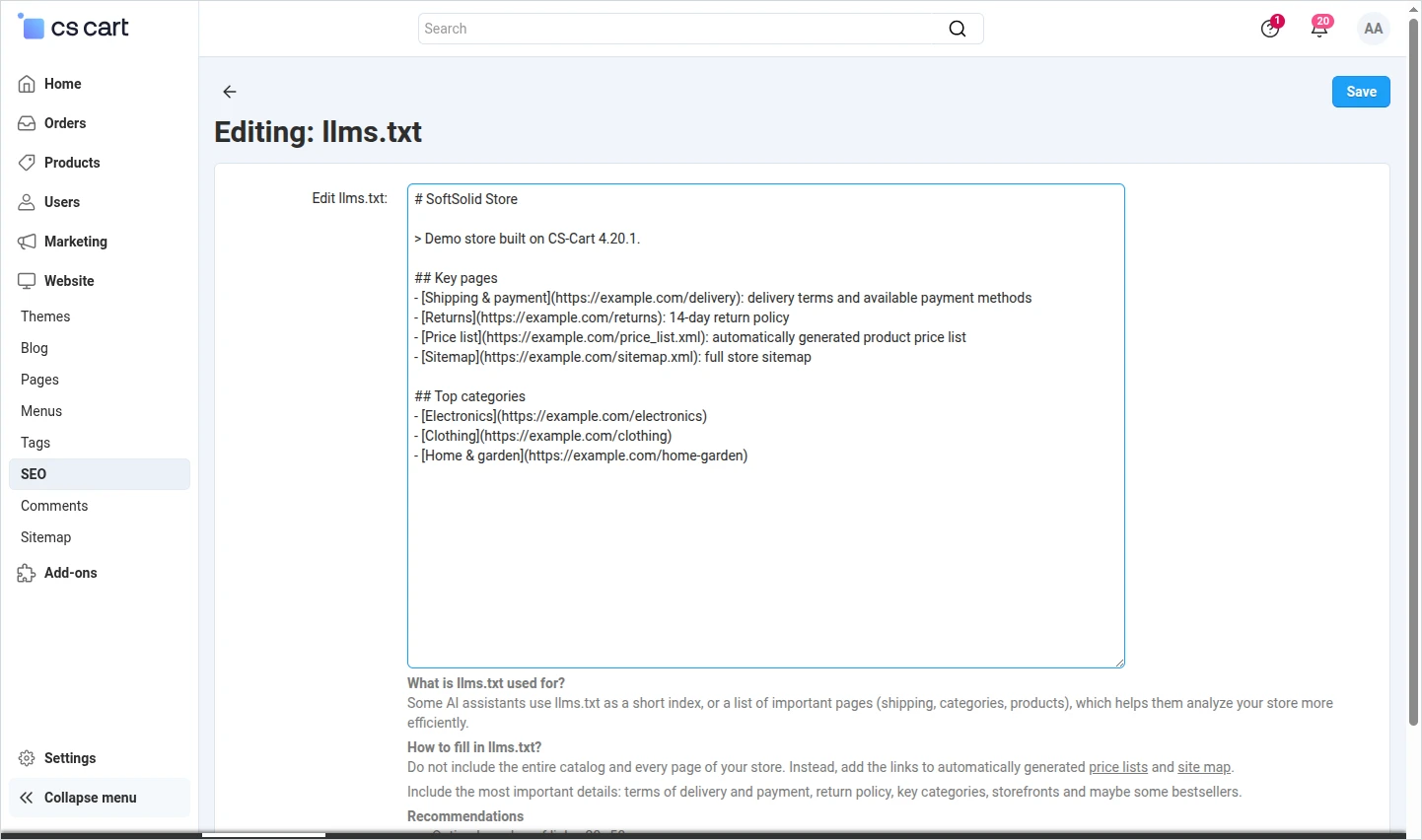 The llms.txt editor in the CS-Cart 4.20.1 panel, in the SEO section
