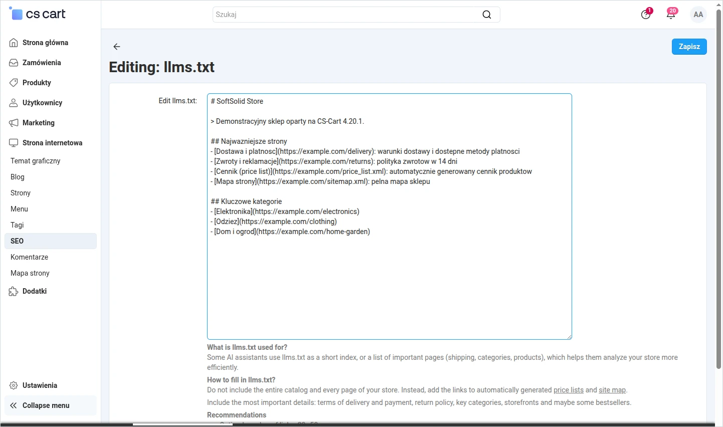 Edytor pliku llms.txt w panelu CS-Cart 4.20.1 w sekcji SEO