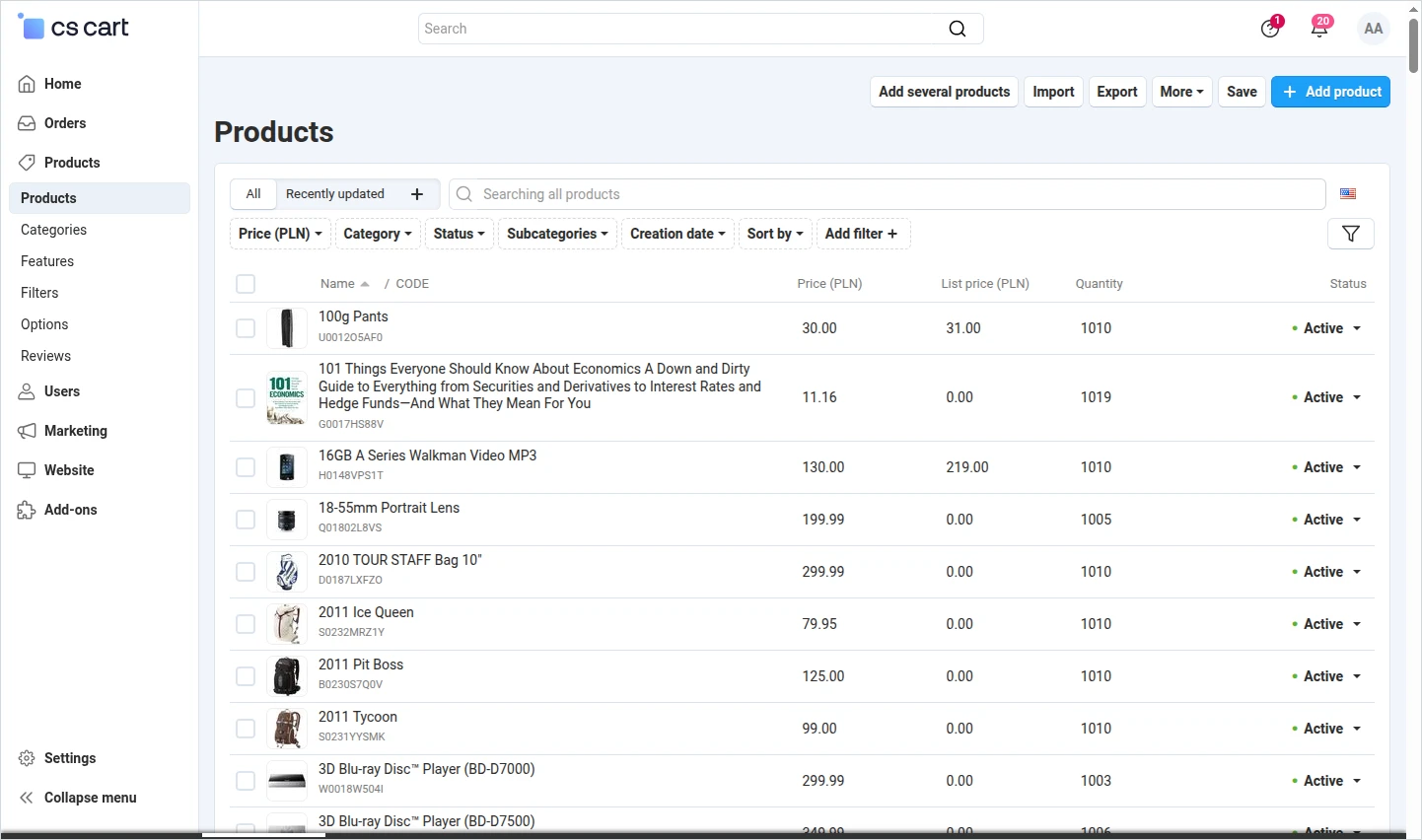 CS-Cart 4.20.1 admin panel with the expanded side menu