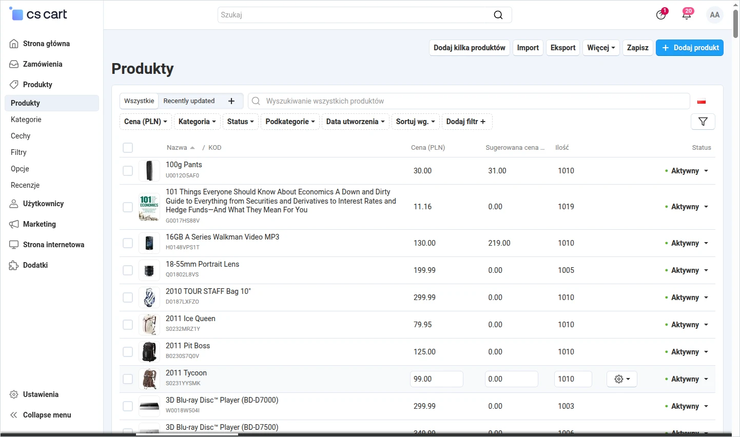 Panel administracyjny CS-Cart 4.20.1 z rozwiniętym menu bocznym