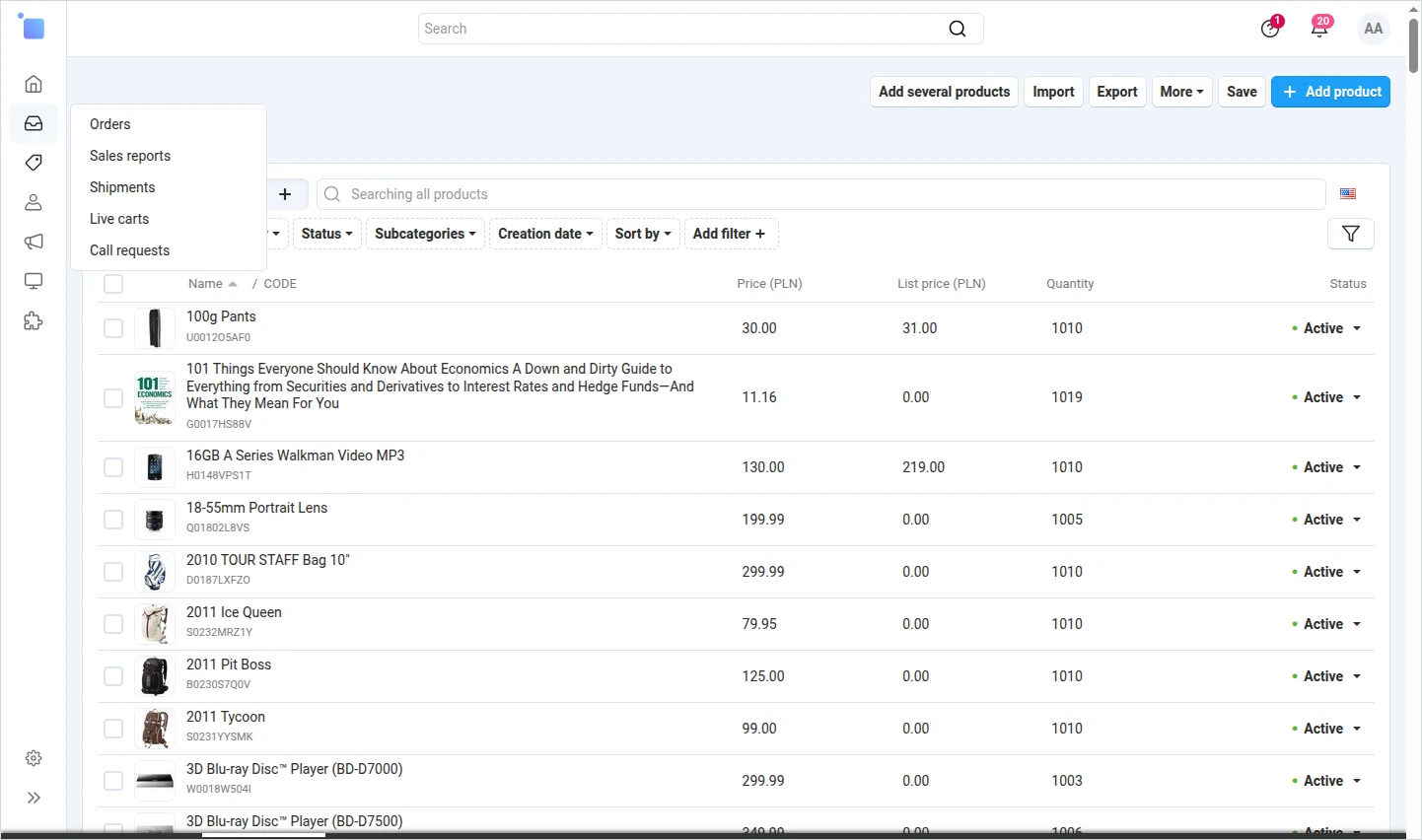 Collapsed CS-Cart menu with the Orders submenu expanded