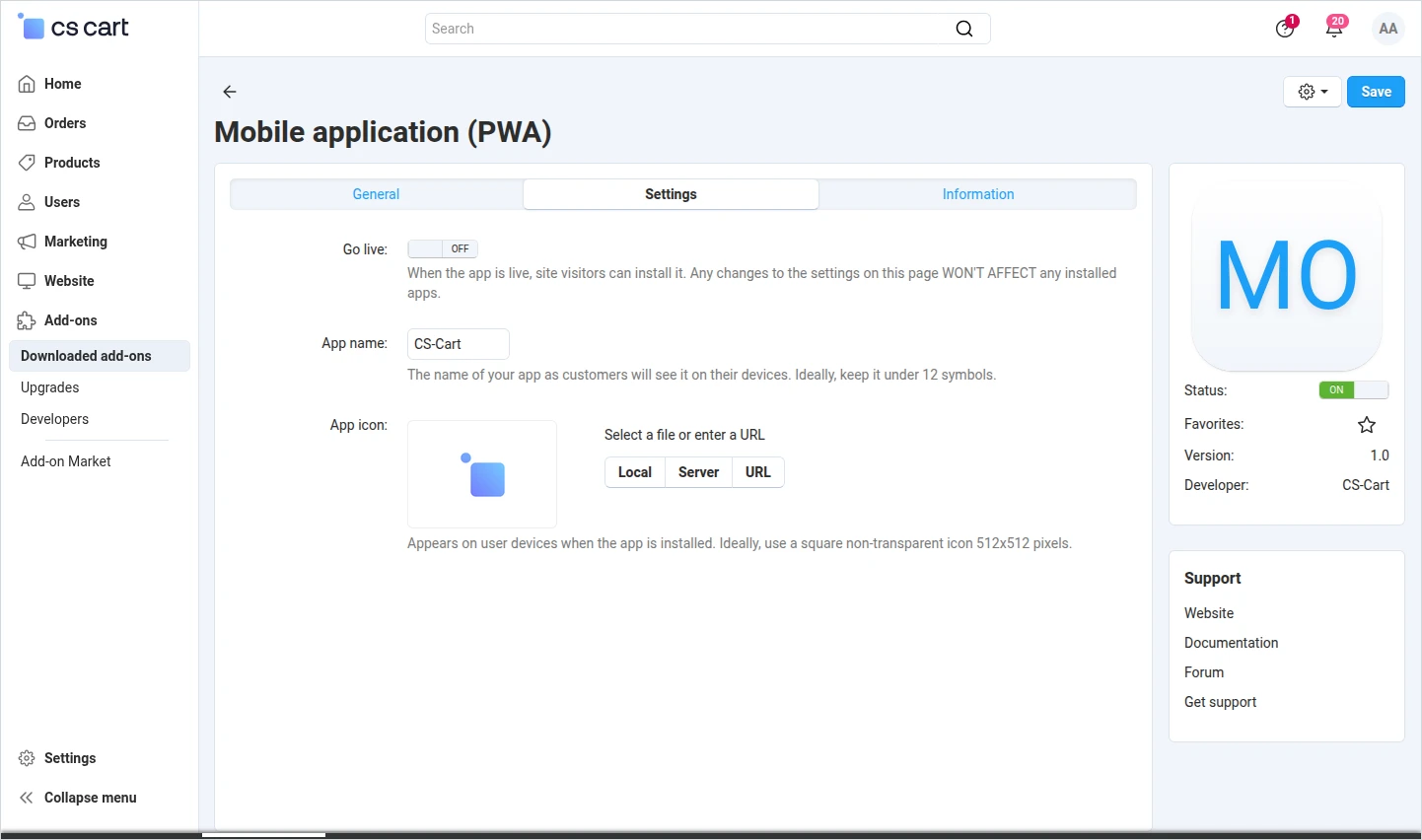 PWA add-on configuration in CS-Cart 4.20.1: status, app name, and icon
