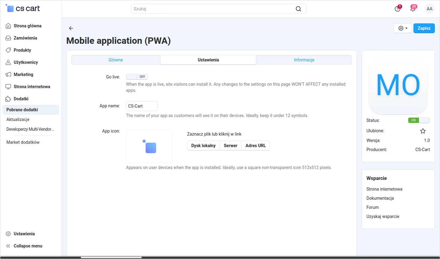 Konfiguracja dodatku PWA w panelu CS-Cart 4.20.1: status, nazwa aplikacji i ikona