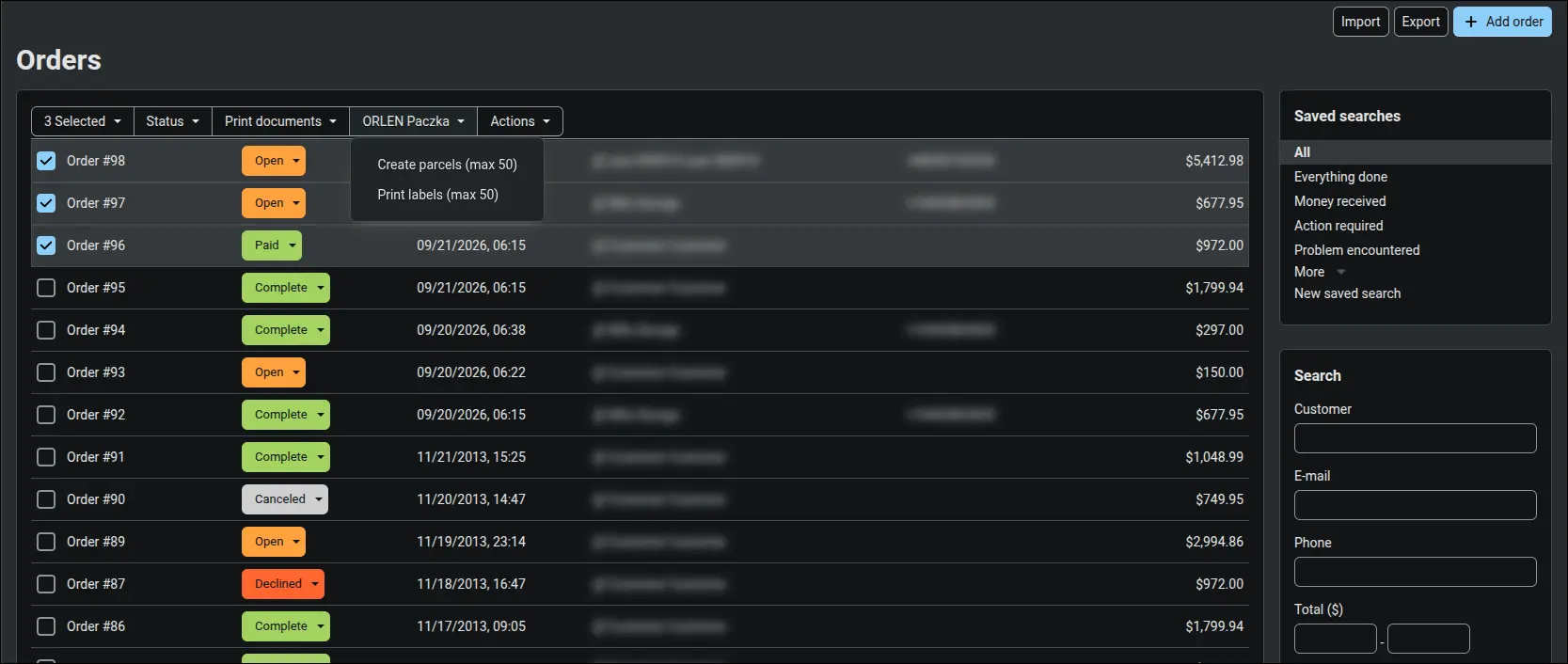 ORLEN Paczka bulk actions on the order list
