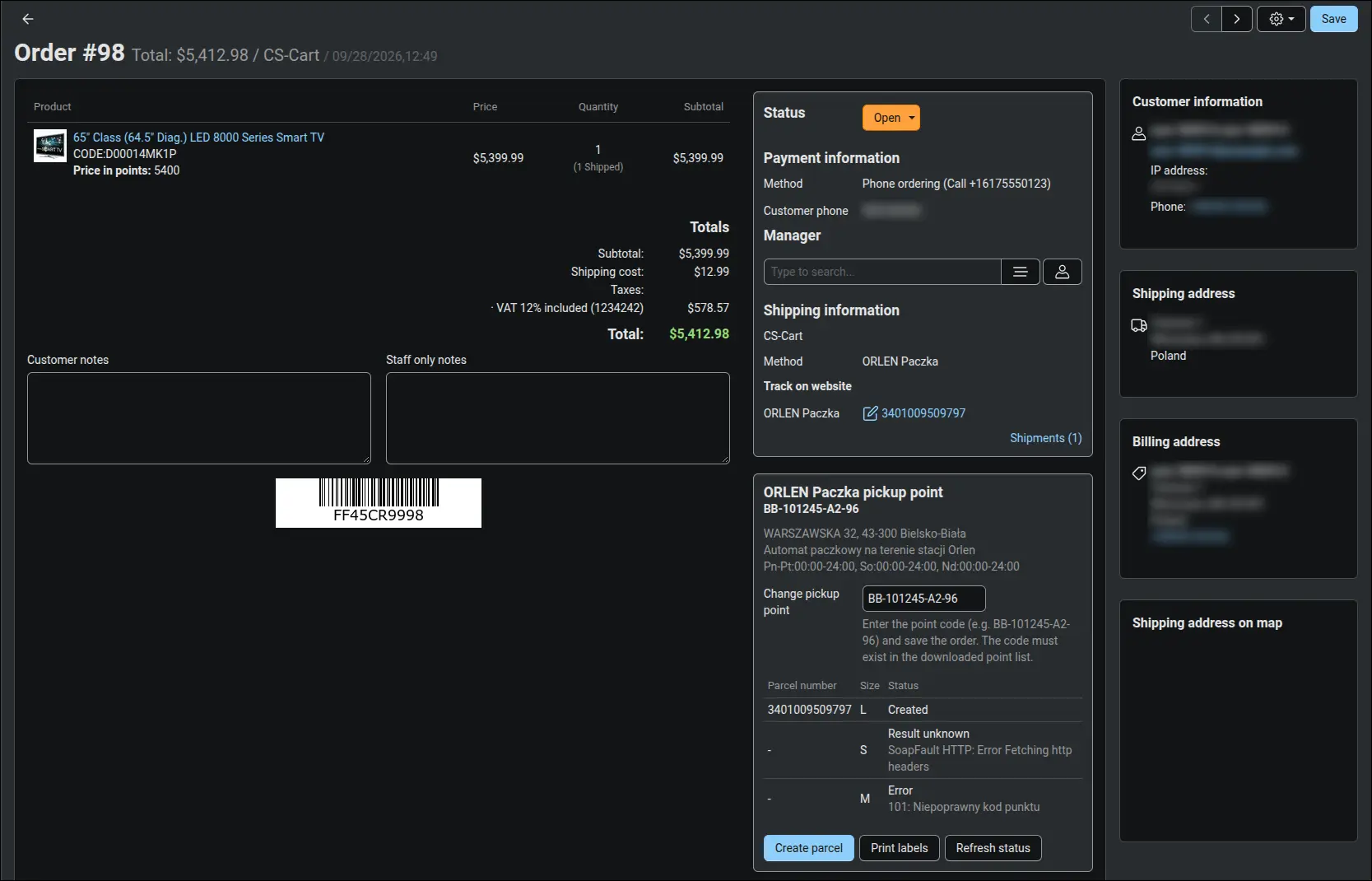 ORLEN Paczka block in the order details in the admin panel