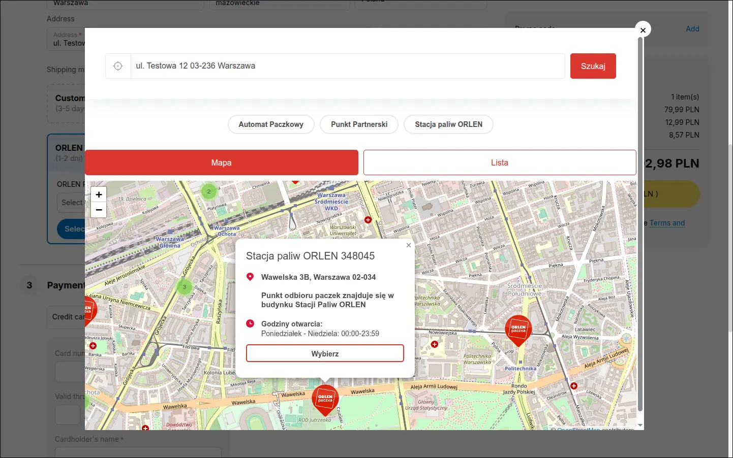 Official ORLEN Paczka point map opened over the checkout