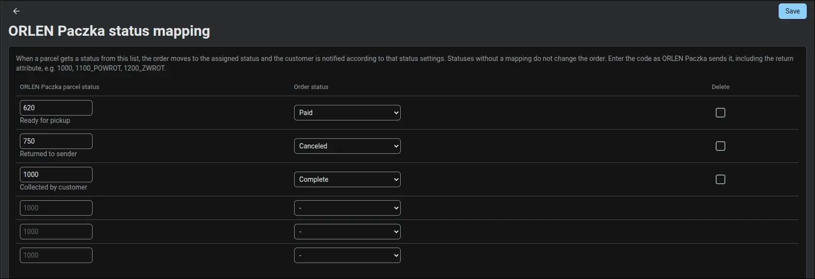 Mapping ORLEN Paczka statuses to order statuses